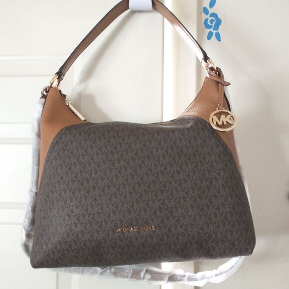 New! MICHAEL KORS MK Signature Logo Aria Large Shoulder Bag Crossbody Bag Brown - Picture 5 of 8